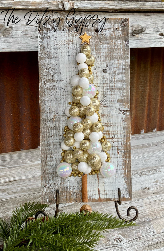 White and Gold Shimmer Tree on Barn Wood