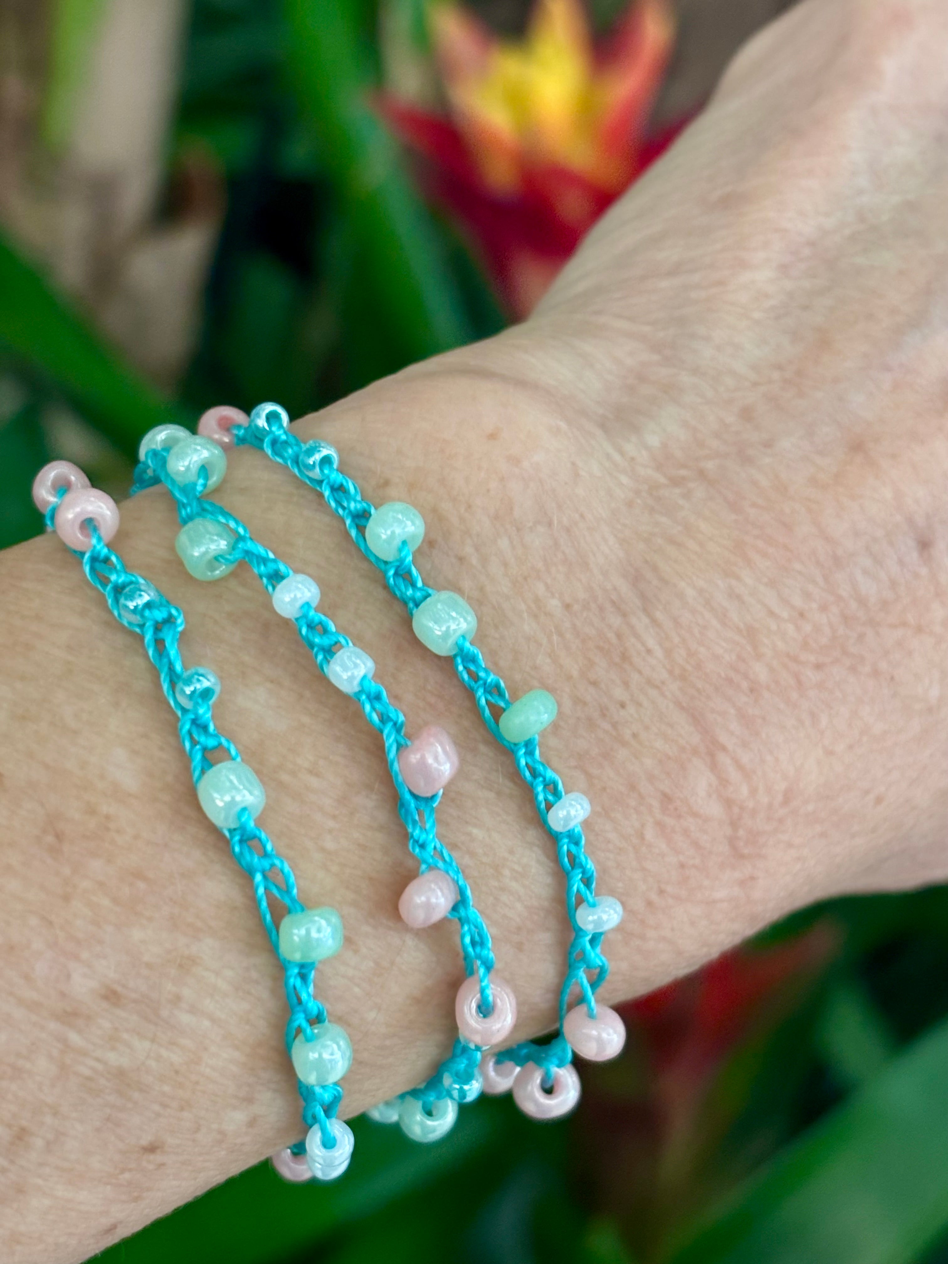 Soft Aqua and Pink Splash Crocheted Wrap Bracelet