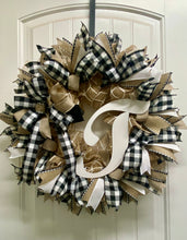 Load image into Gallery viewer, Black and White Check Monogram Pancake Wreath
