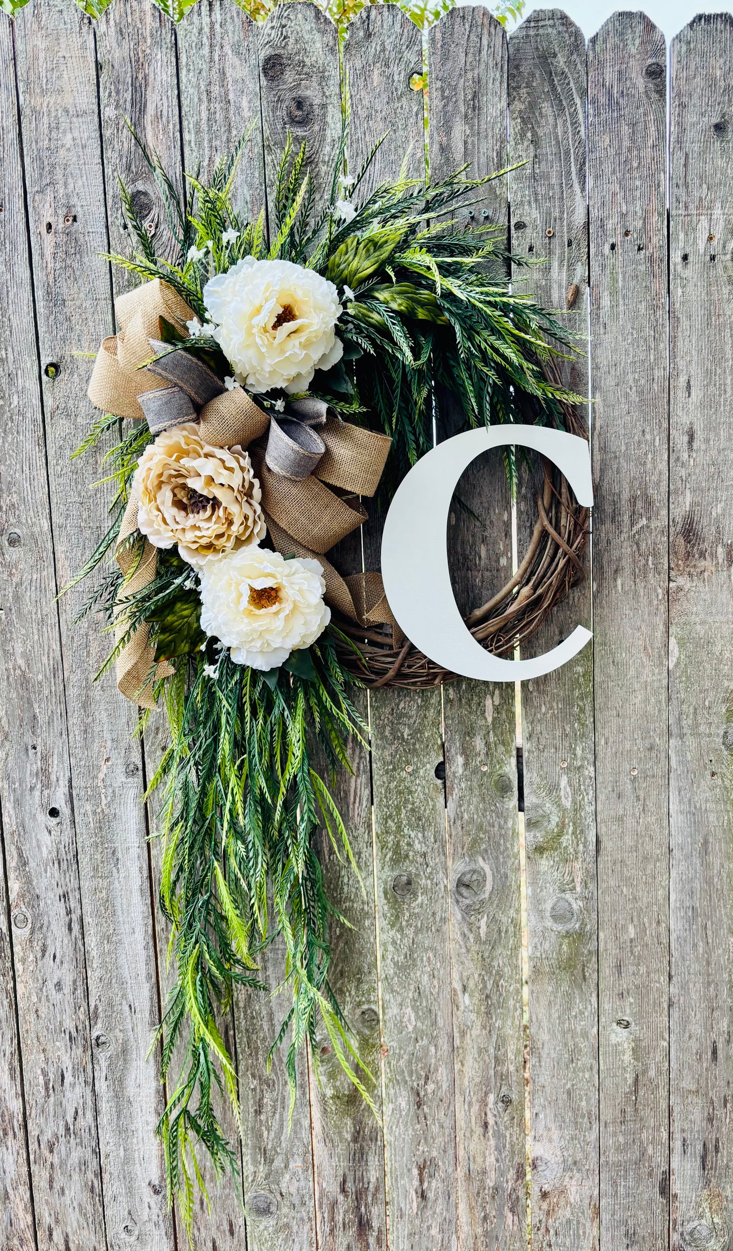 Made to Order Pretty Peonies with Cascading Greenery Monogram Wreath