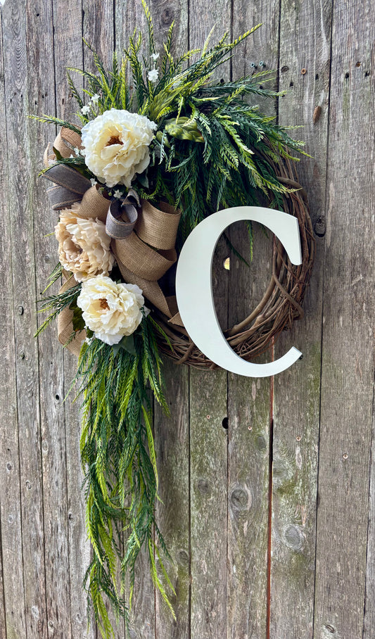 Made to Order Pretty Peonies with Cascading Greenery Monogram Wreath