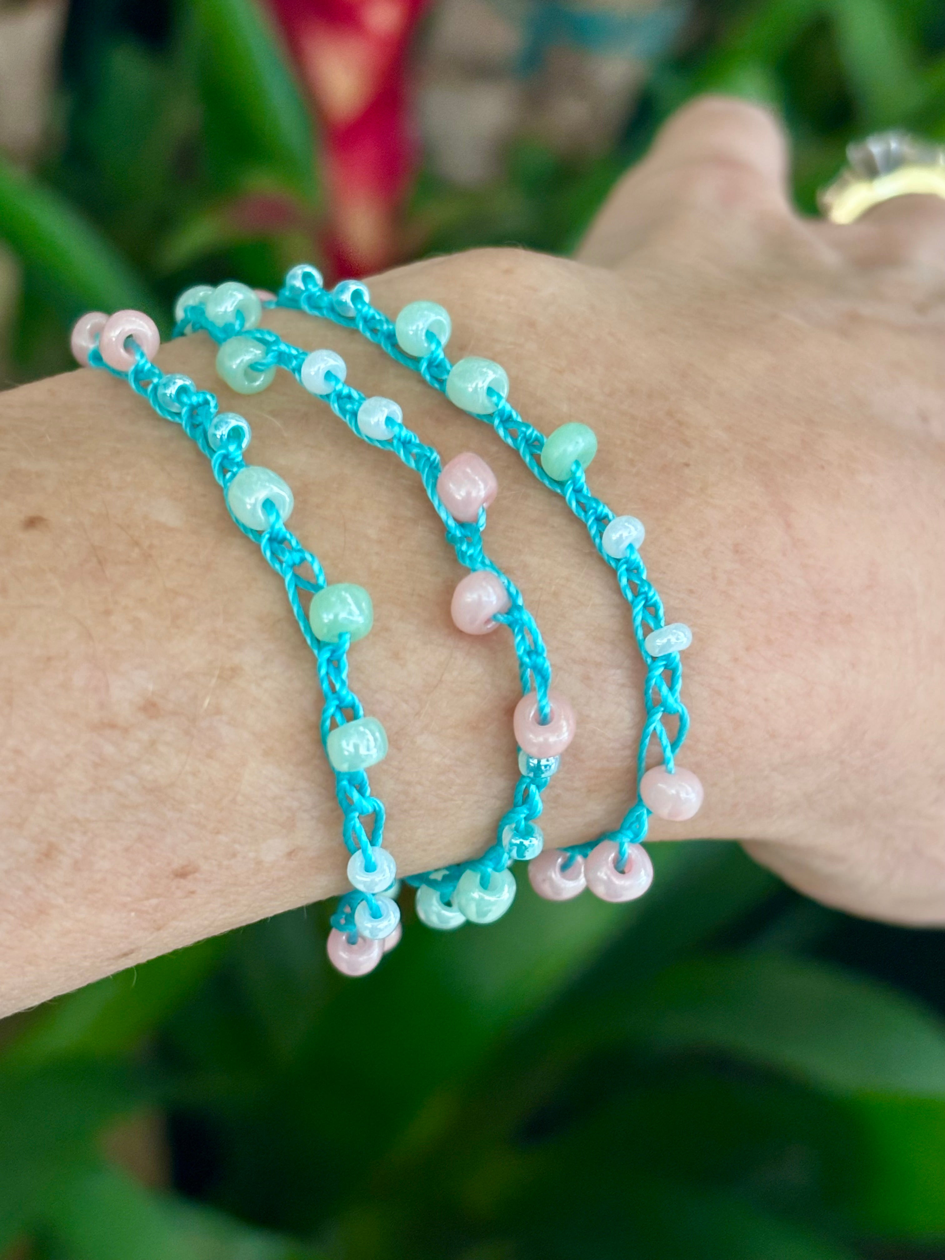 Soft Aqua and Pink Splash Crocheted Wrap Bracelet