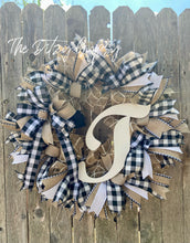 Load image into Gallery viewer, Black and White Check Monogram Pancake Wreath
