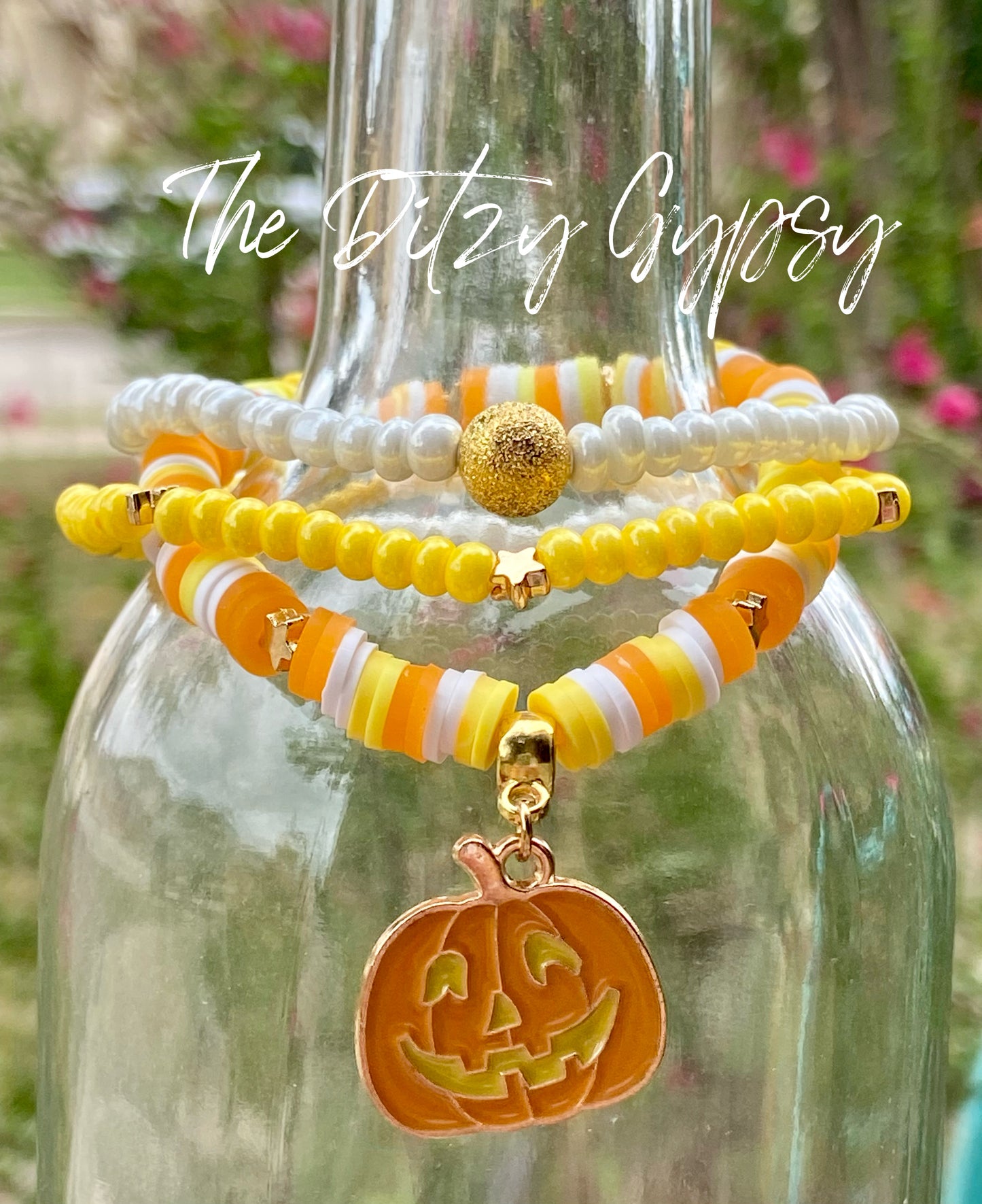 Set of Three Candy Corn Pumpkin Charm Bracelets