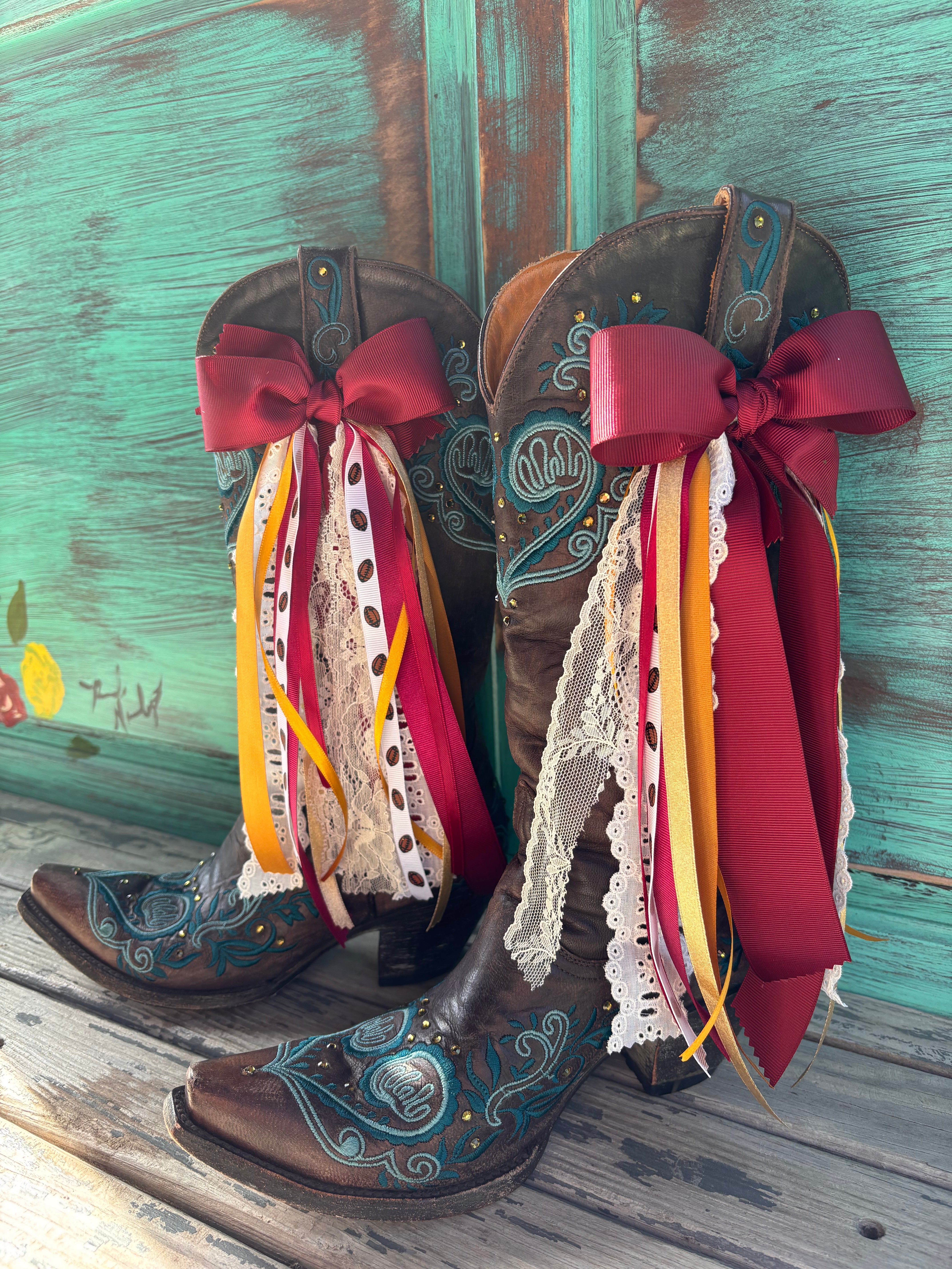 Already Made Maroon and Gold Boot Bows