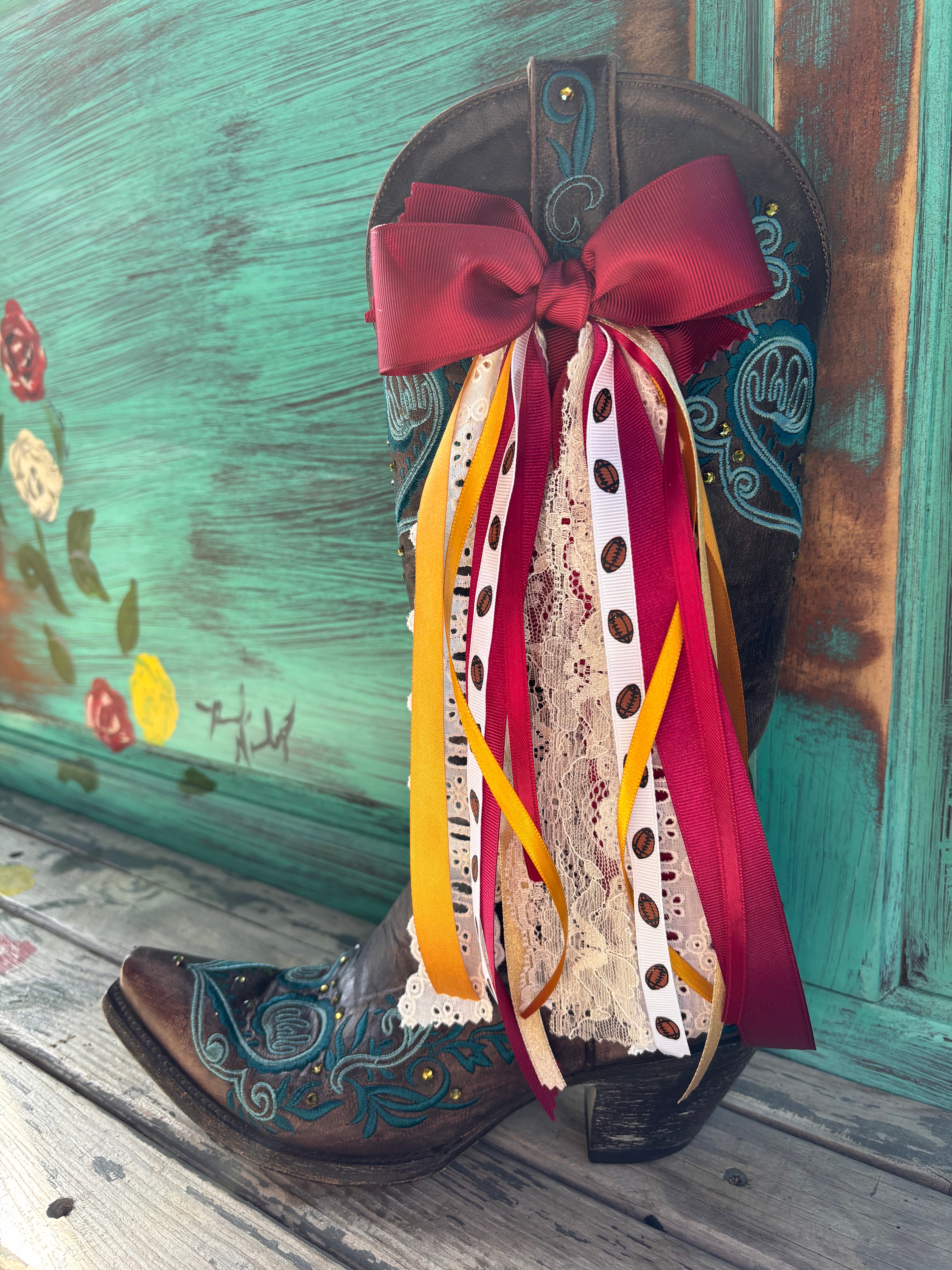 Already Made Maroon and Gold Boot Bows