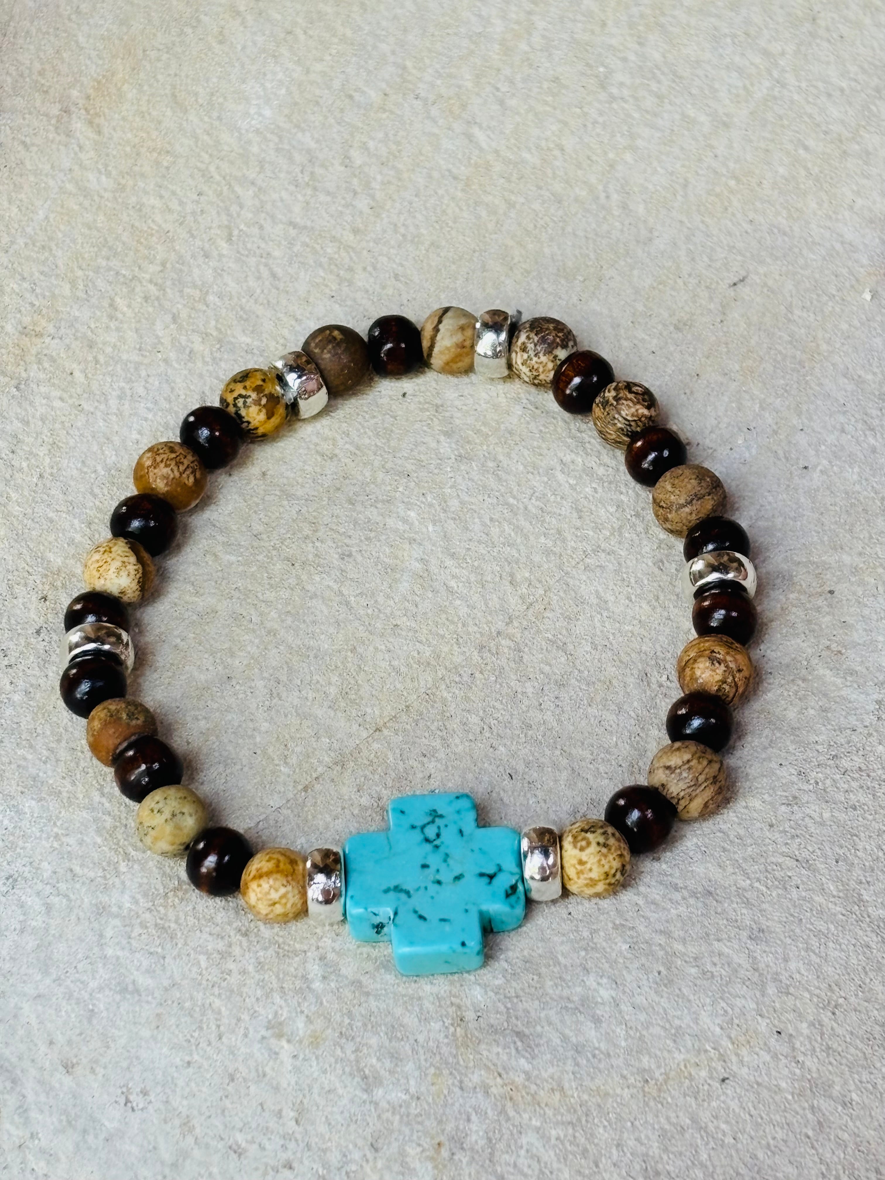 Cross with Sandstone and Wood Beads