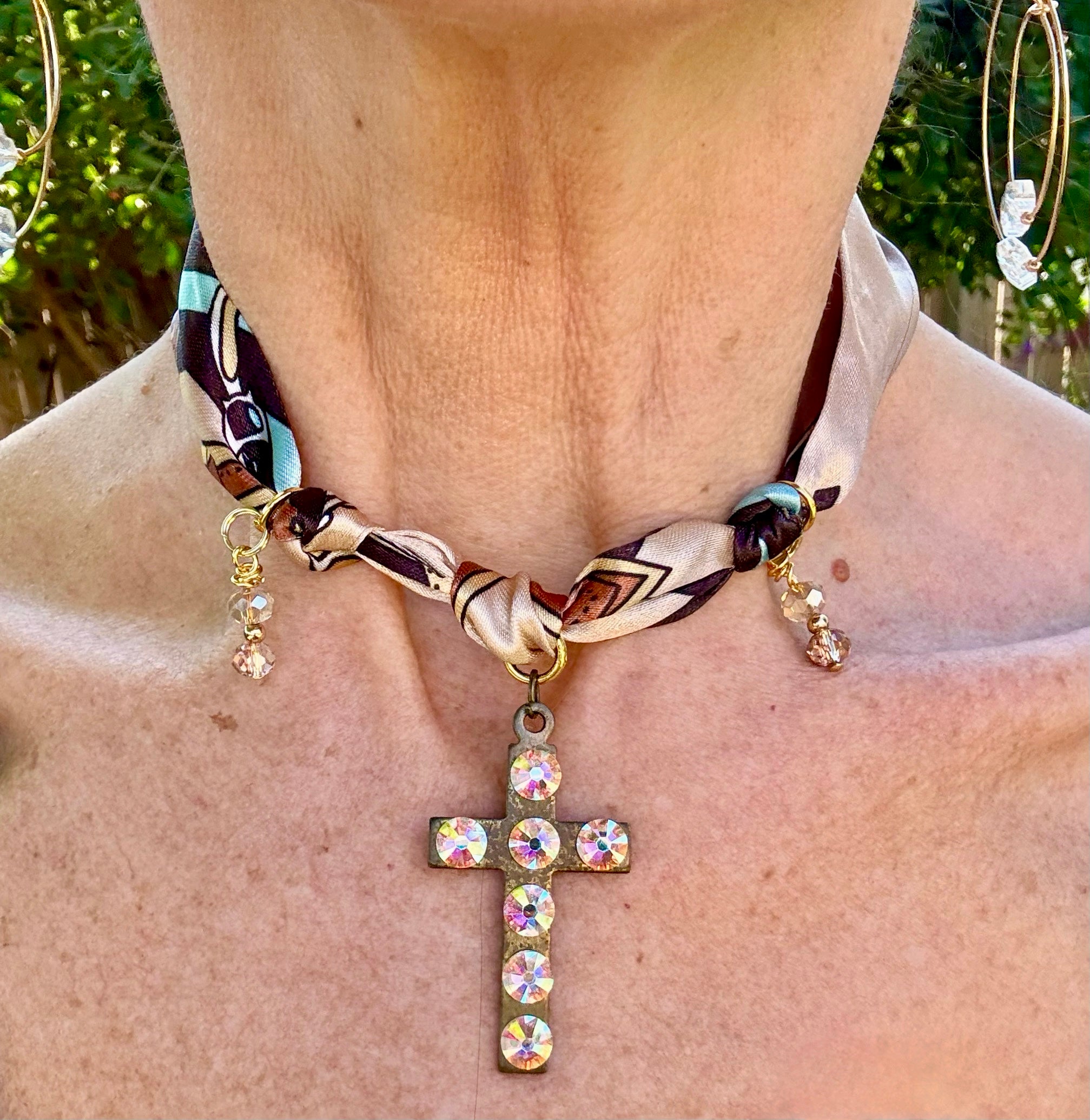 Antique Bling Cross Scarf Necklace