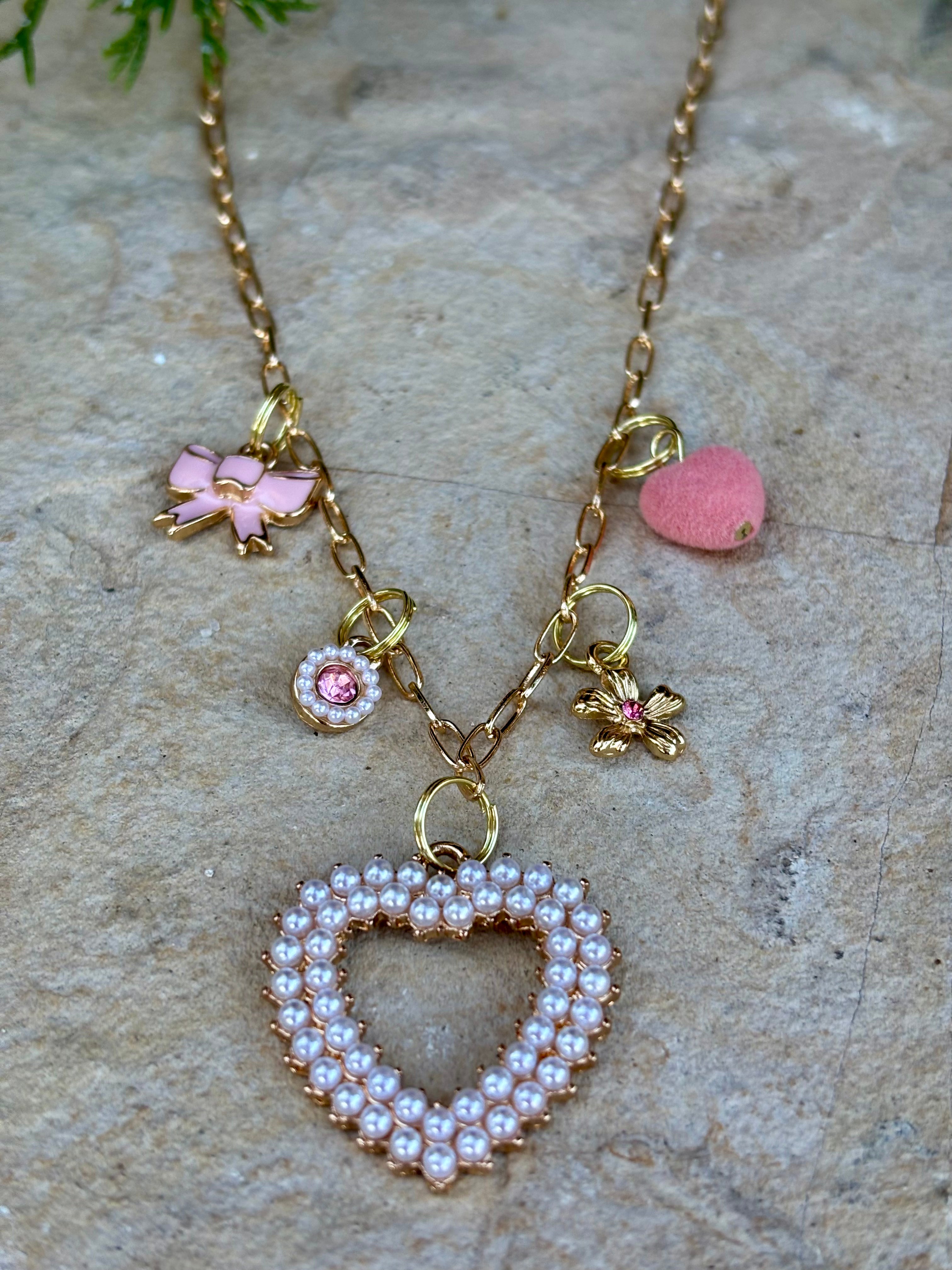 Pretty Bows and Hearts Charm Necklace