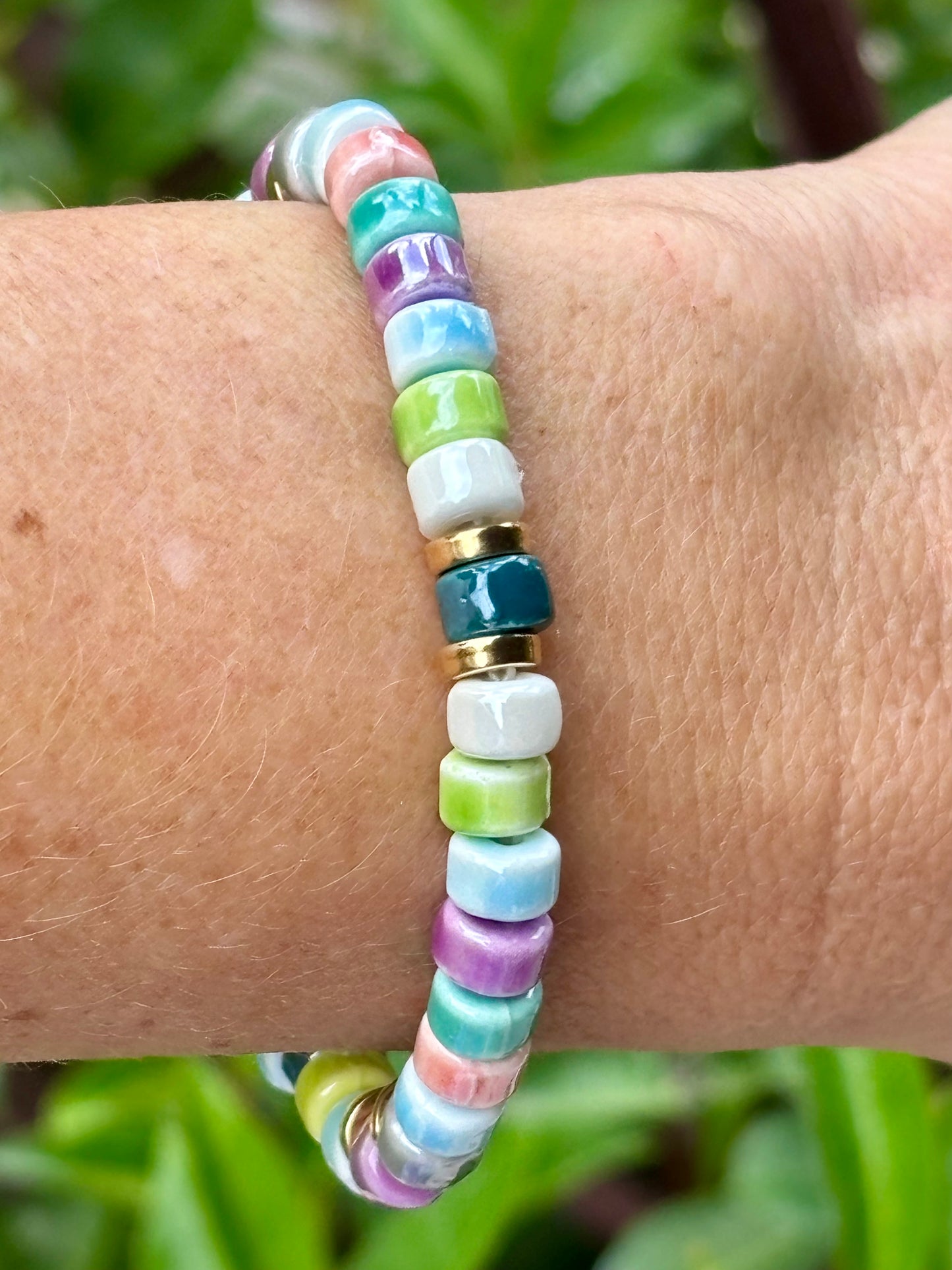 Colorful Ceramics and Mushroom Charm Bracelet