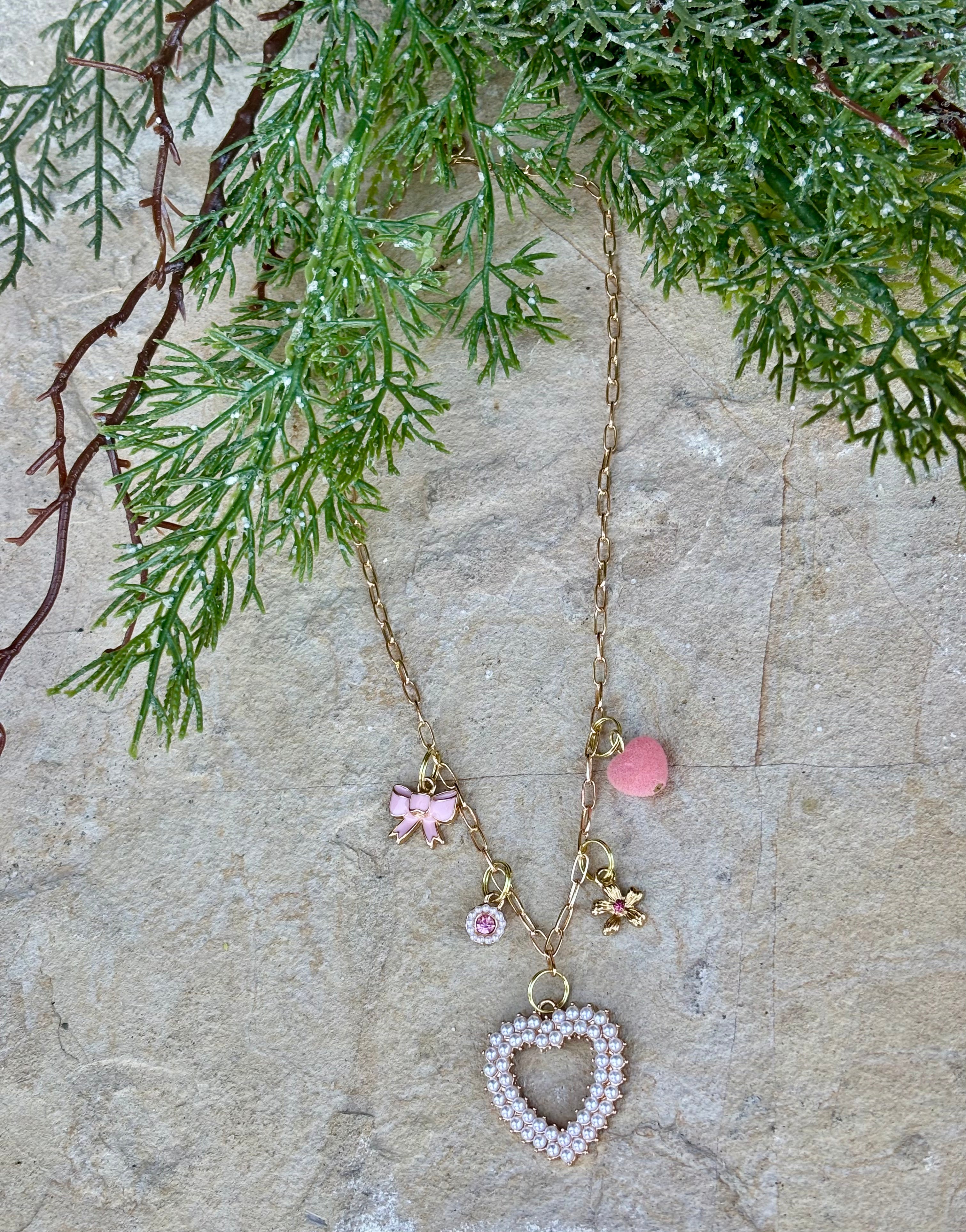 Pretty Bows and Hearts Charm Necklace