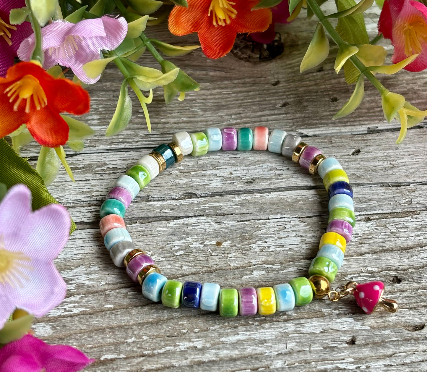 Colorful Ceramics and Mushroom Charm Bracelet