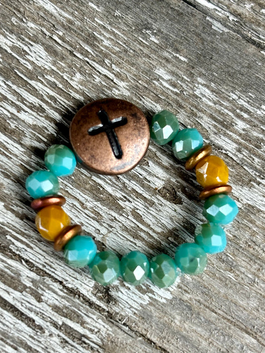 Bronze Cross with Turquoise Stretch Ring