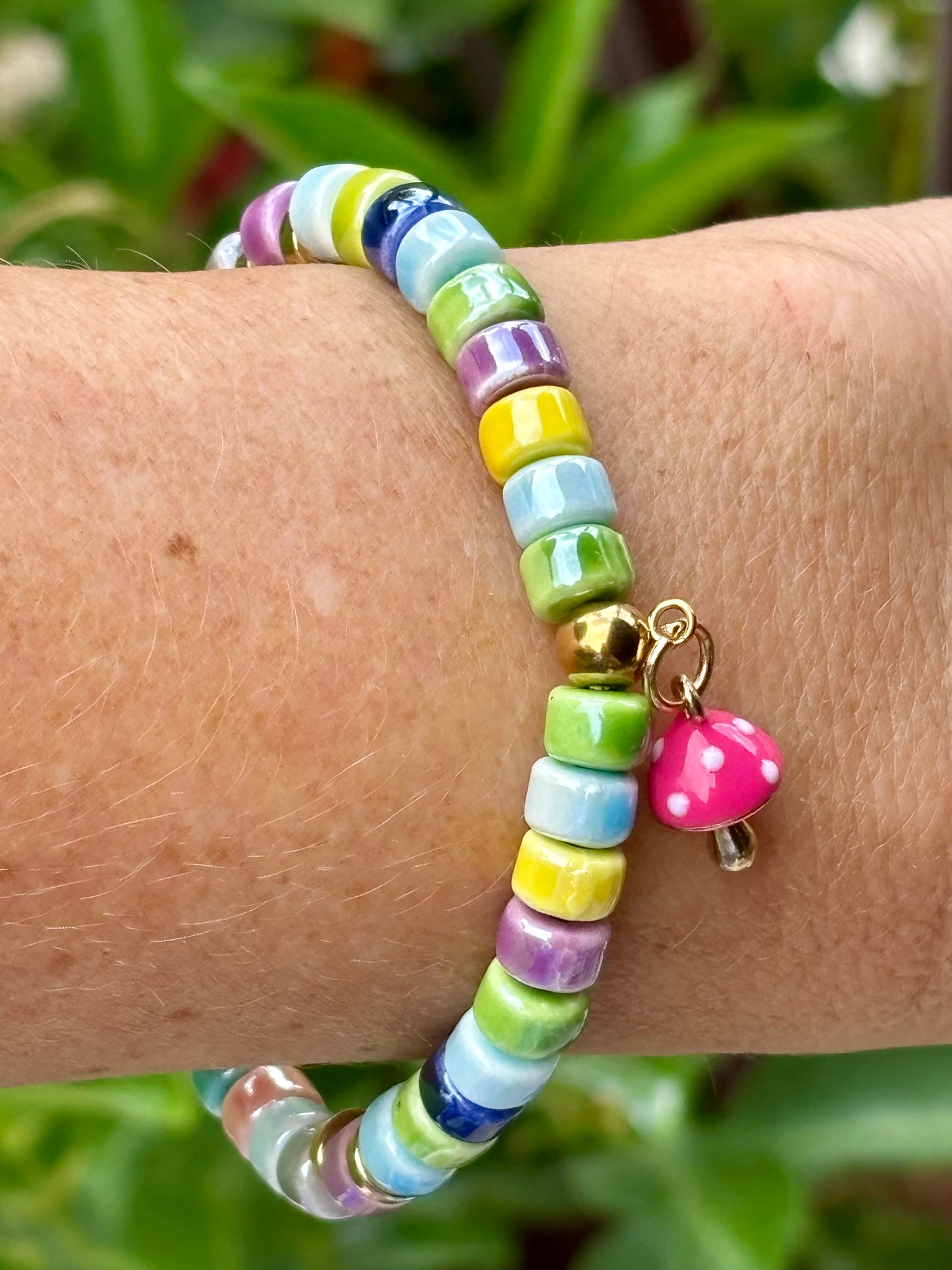 Colorful Ceramics and Mushroom Charm Bracelet