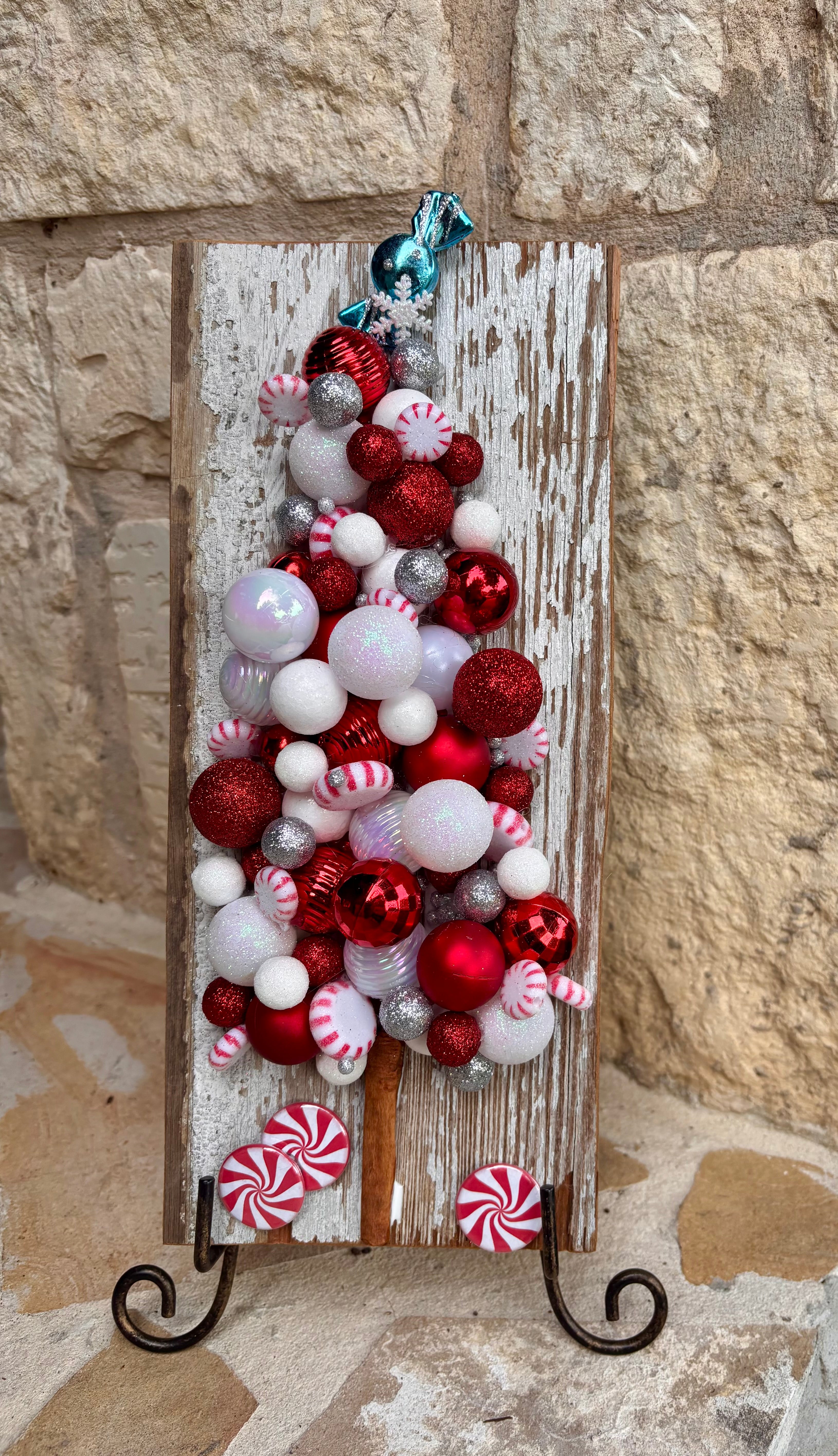 Peppermint Candy Surprise Tree on Aged Wood