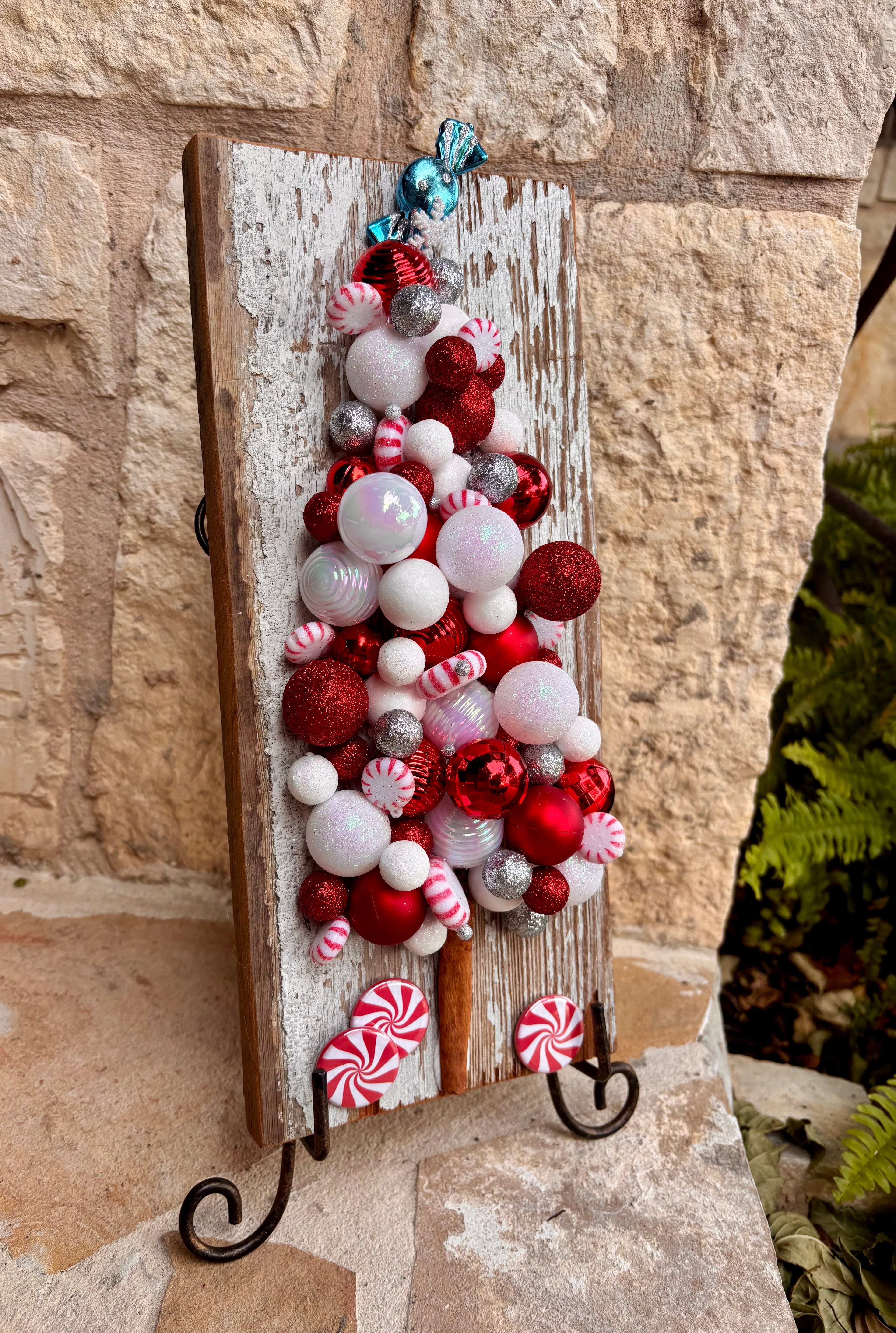 Peppermint Candy Surprise Tree on Aged Wood